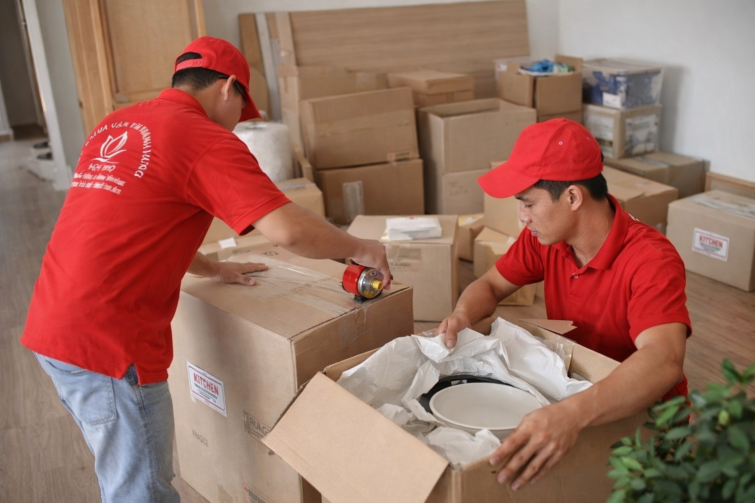 Nhân viên đong gói hàng khi chuyển nhà trọn gói tại Ken Quốc 